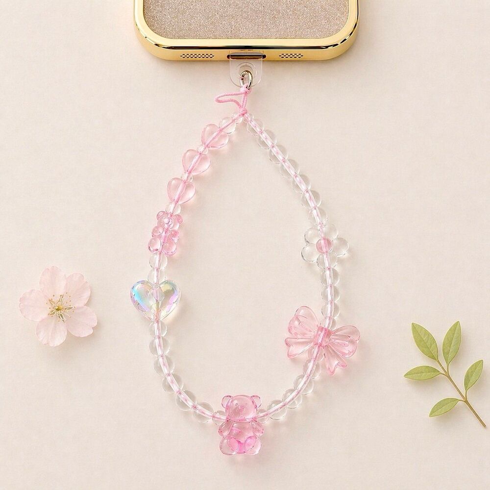 Beaded hand-held lanyard chain, phone wrist strap pink bear butterfly wristlet